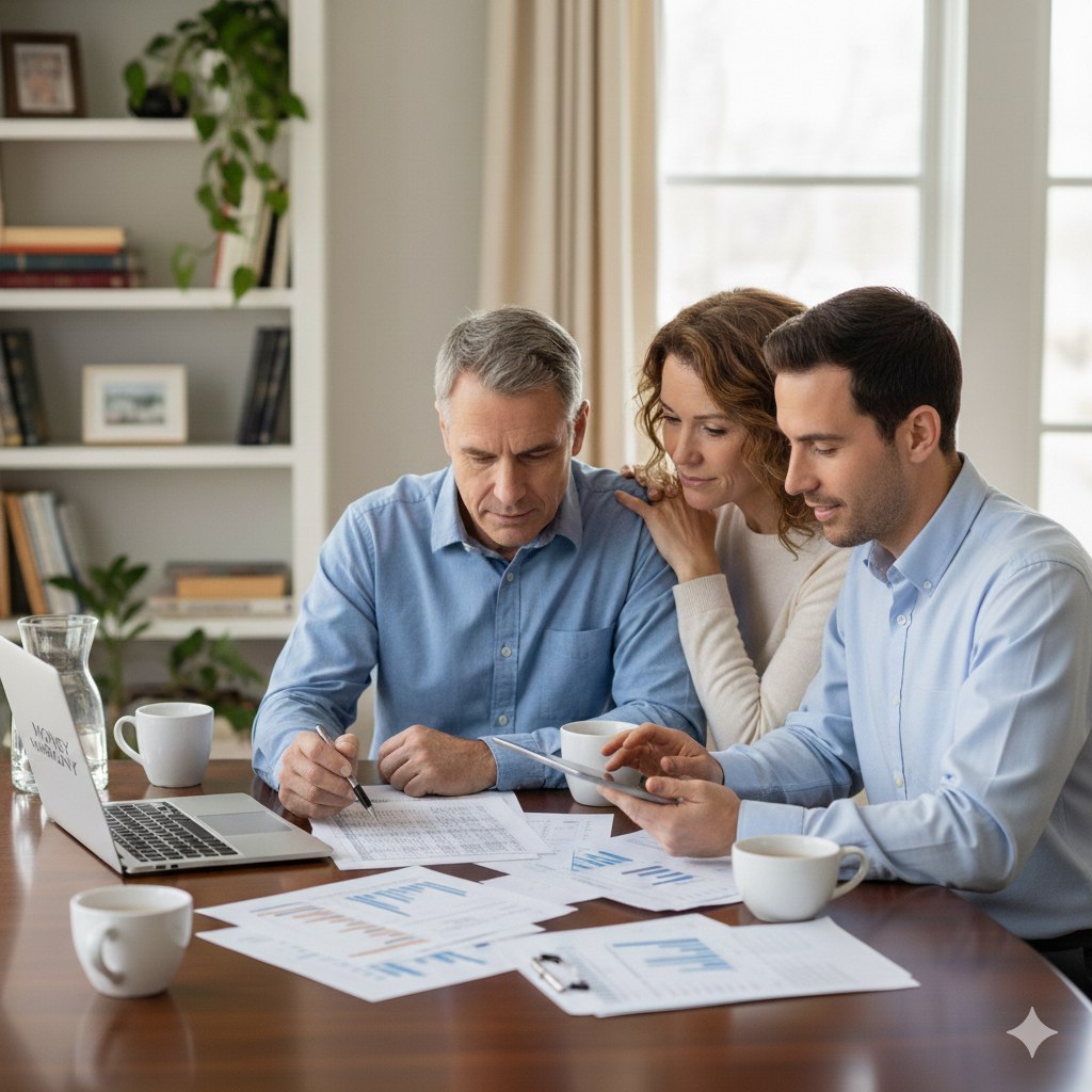 A couple reviewing a budget together at a kitchen table